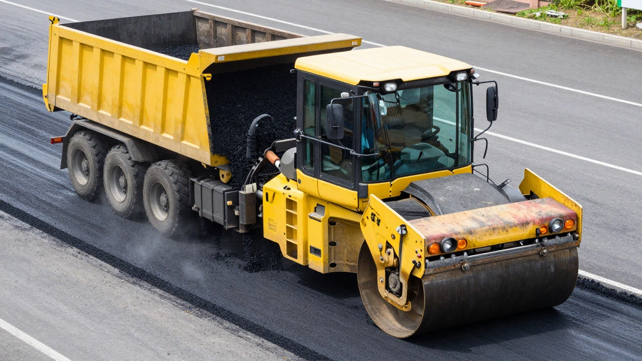 Асфальтоукладчик и дорожный каток создают ровное черное покрытие шоссе