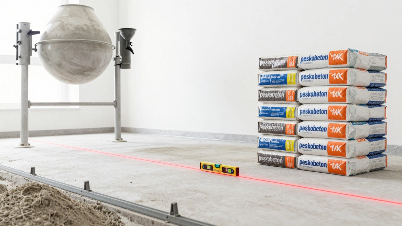 Лазерный уровень и маяки на полу рядом с мешками сухой смеси