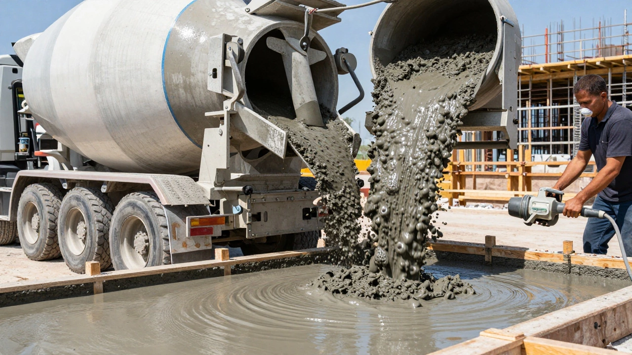 Процесс заливки бетона в опалубку из миксера с использованием вибратора