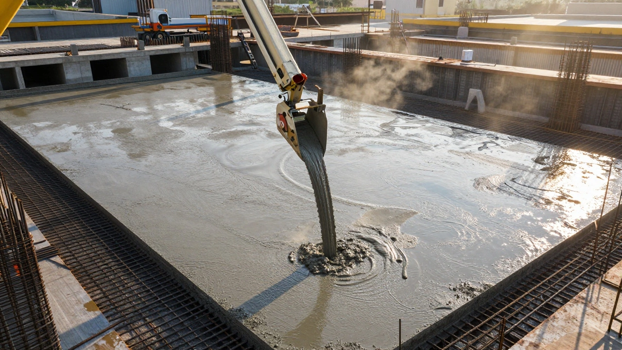 Процесс заливки массивного бетонного фундамента с арматурой