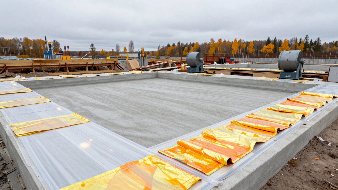 Прогрев бетонного фундамента с использованием тепловых матов и пушек на стройплощадке