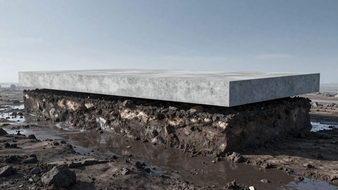 Схематичное изображение монолитной плиты фундамента на слабом грунте