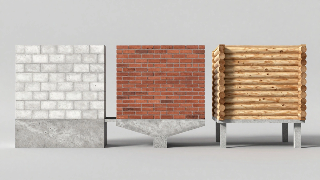 Сравнение ширины фундамента для газобетона, кирпича и деревянного сруба