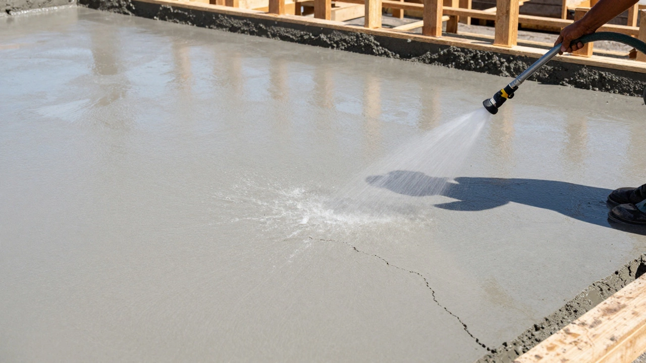 Полив водой свежезалитого фундамента для правильного твердения